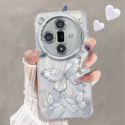 自带镜头膜适用于OPPOFINDx7Ultra手机壳银翼蝴蝶高级感水钻精孔FINDX6PRO外硅胶全包防摔oppofindx5套新款女