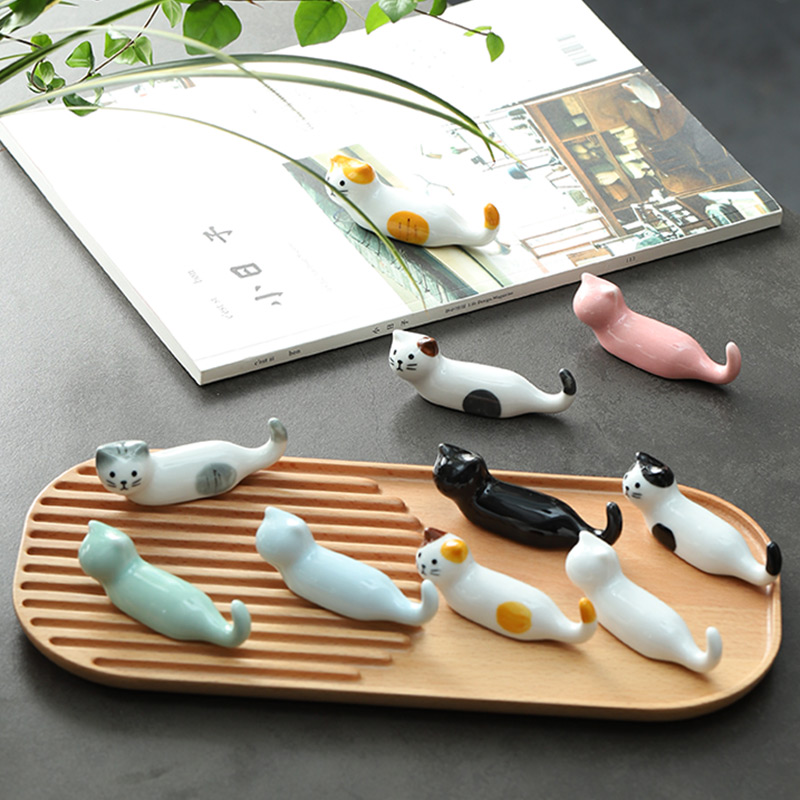 陶瓷猫咪筷架笔托家用筷托笔托创意桌面送礼小摆件酒店餐具筷枕