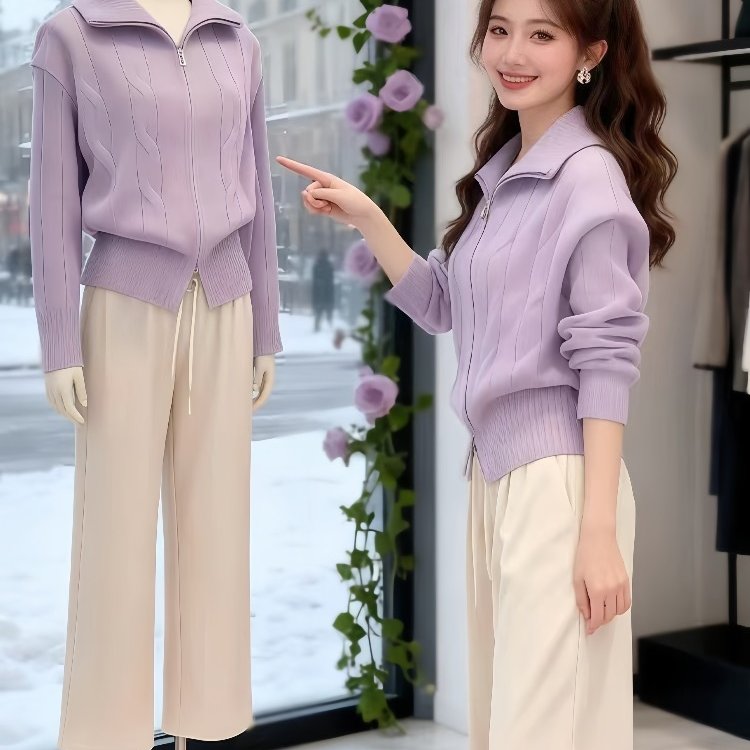 巨好看的一整套韩系减龄小香风麻花加厚针织开衫毛衣休闲裤套装女
