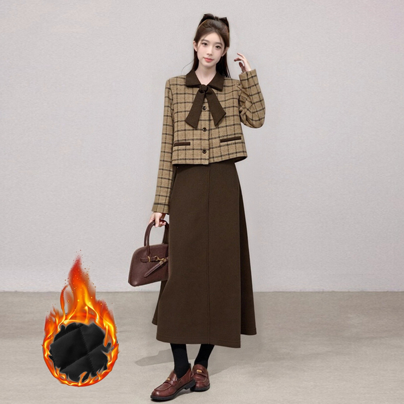 实拍 秋冬加厚小香风韩系裙子套装女翻领短外套半身裙法式小洋装