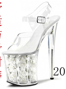 15cm钢管舞水晶高跟透明模特玫瑰花防水台细跟20cm恨天高走秀凉鞋