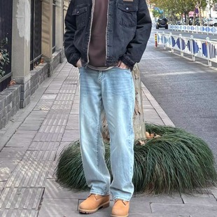 装 日常通勤高街潮流裤 型复古做旧休闲牛仔长裤 浅蓝水洗工艺宽松版