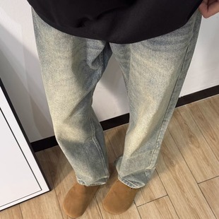 适配浅灰垂坠感潮男阔腿牛仔长裤 美式 高街做旧渐变水洗工艺四季