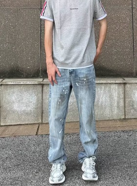 CGG欧美高街复古涂鸦泼墨直筒裤子宽松休闲美式阔腿牛仔裤vintage