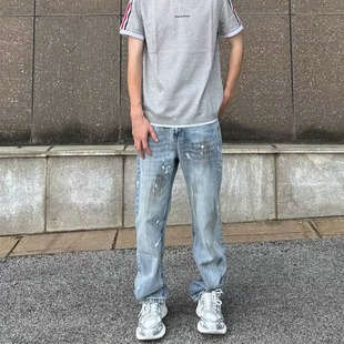 vintage 阔腿牛仔裤 CGG欧美高街复古涂鸦泼墨直筒裤 子宽松休闲美式