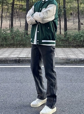 美式高街工装牛仔裤男复古拼接黑色显瘦裤子ins潮男直筒春款宽松