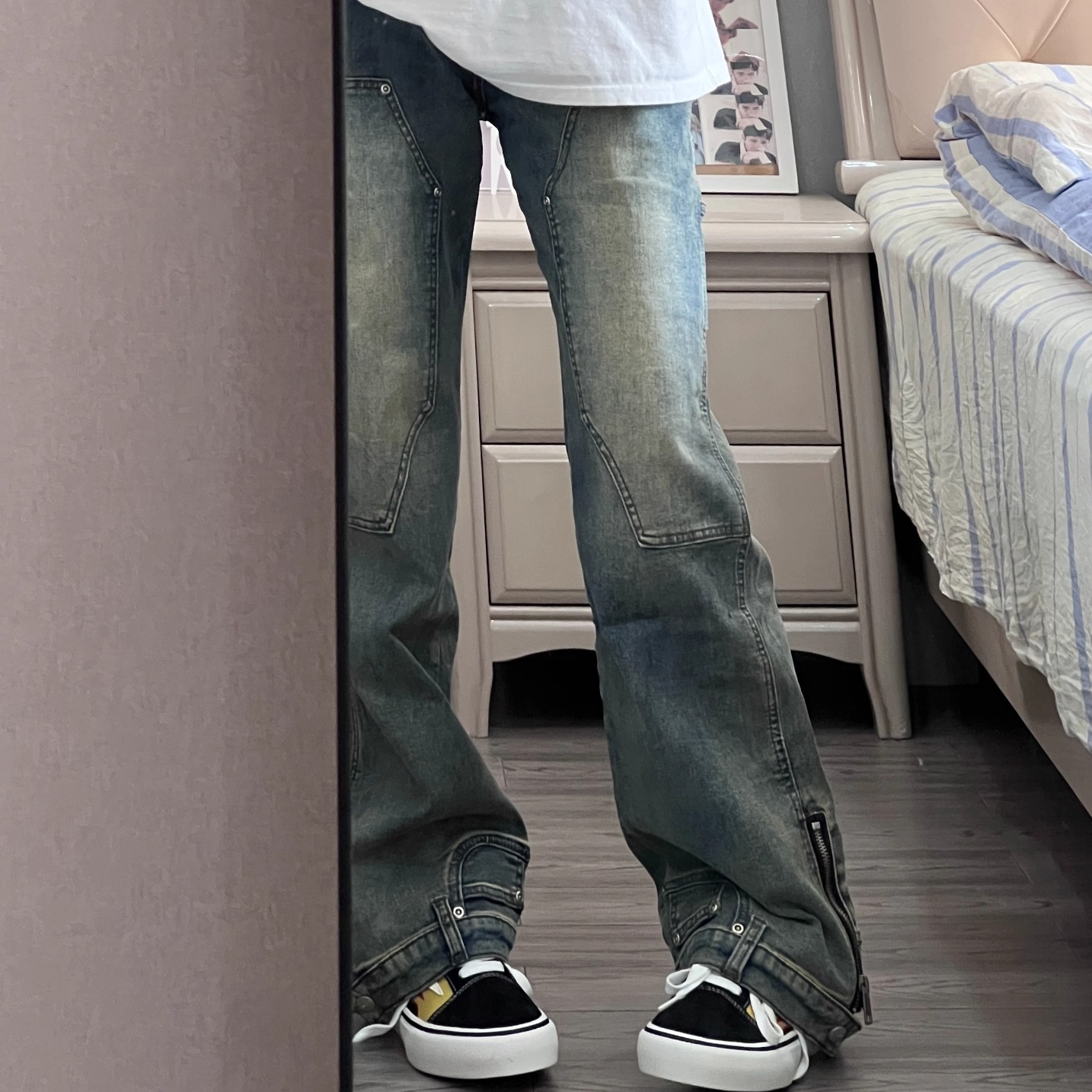 美式复古休闲倒装设计感牛仔裤男女vibe风小众拉链微喇宽松长裤子