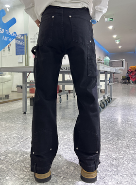 美式高街男款超长裤脚黑色工装阔腿牛仔裤多口袋铆钉设计宽松潮裤