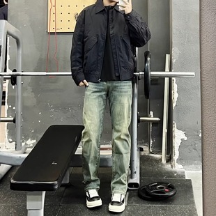 直筒裤 男做旧简约cleanfit修身 子 日常慵懒风水洗高级感牛仔裤 美式