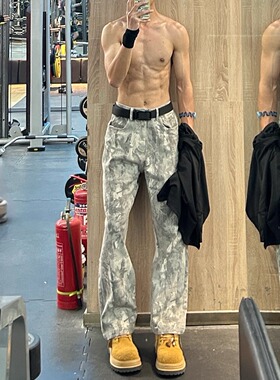 美式日常复古废土风小众修身牛仔裤男休闲迷彩显高显瘦微喇长裤子
