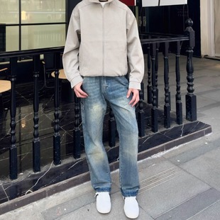 子 男vintage风直筒垂感长裤 美式 街头复古做旧马骝宽松休闲牛仔裤