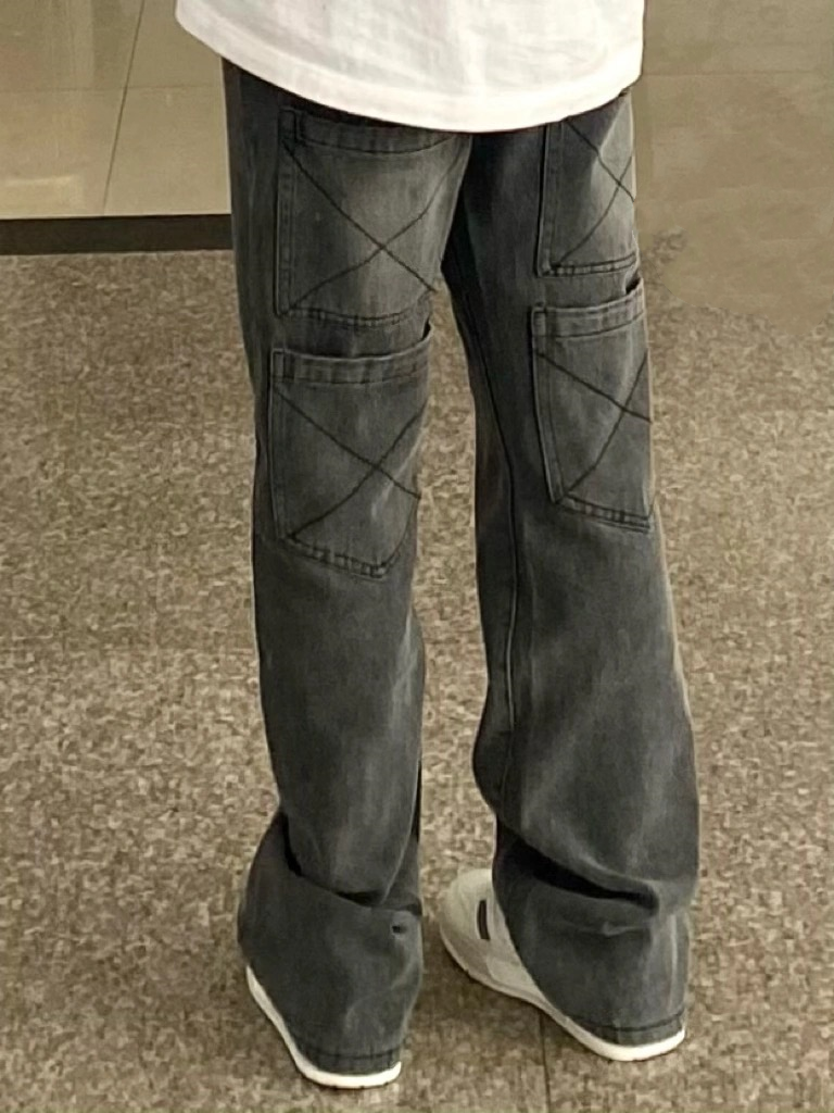 高街烟灰色拖地牛仔裤男堆堆裤美式ins百搭复古多口袋拖地裤长裤