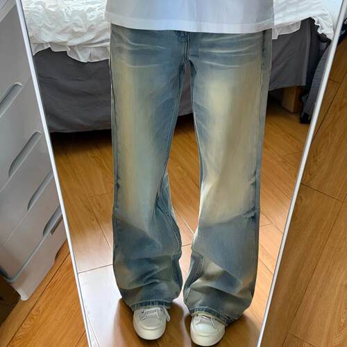 美式高街复古黄泥染牛仔裤男