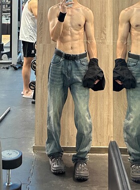 美式休闲水洗做旧复古修身百搭牛仔裤男cleanfit窄版显瘦直筒长裤