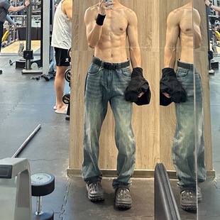 美式休闲水洗做旧复古修身百搭牛仔裤男cleanfit窄版显瘦直筒长裤