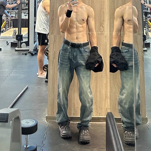 美式休闲水洗做旧复古修身百搭牛仔裤男cleanfit窄版显瘦直筒长裤