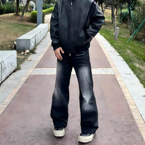 深色复古黑色裤子男牛仔裤