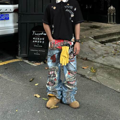 设计感3D打印豹纹宽松牛仔裤男