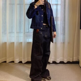 子 男女vibe风复古宽松直筒长裤 美式 弯刀解构红边赤耳设计感牛仔裤