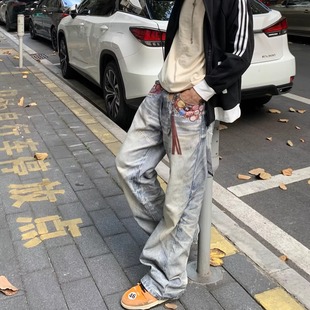 装 复古高街风潮流休闲裤 饰超宽松牛仔长裤 做旧酸洗工拼贴流苏装
