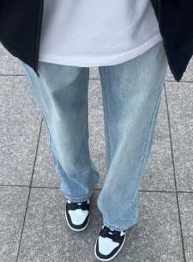 蓝色直筒牛仔裤2024新款男美式复古cleanfit高级感裤子修身长裤潮