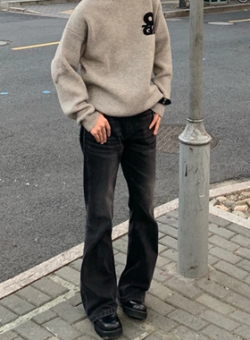 美式复古水洗做旧黑色牛仔裤男高微喇叭街宽松直筒阔腿拖地长裤子