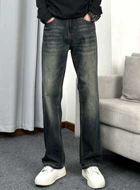 复古弹力牛仔裤直筒修身男小众裤子水洗做旧刺绣深色百搭情侣潮流
