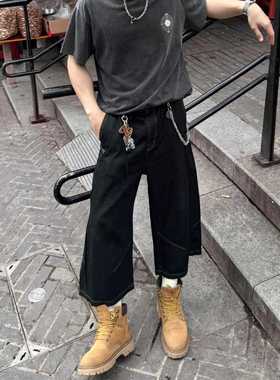 美式高街黑色七分裤Cleanfit牛仔裤水洗做旧潮流宽松显瘦阔腿男女