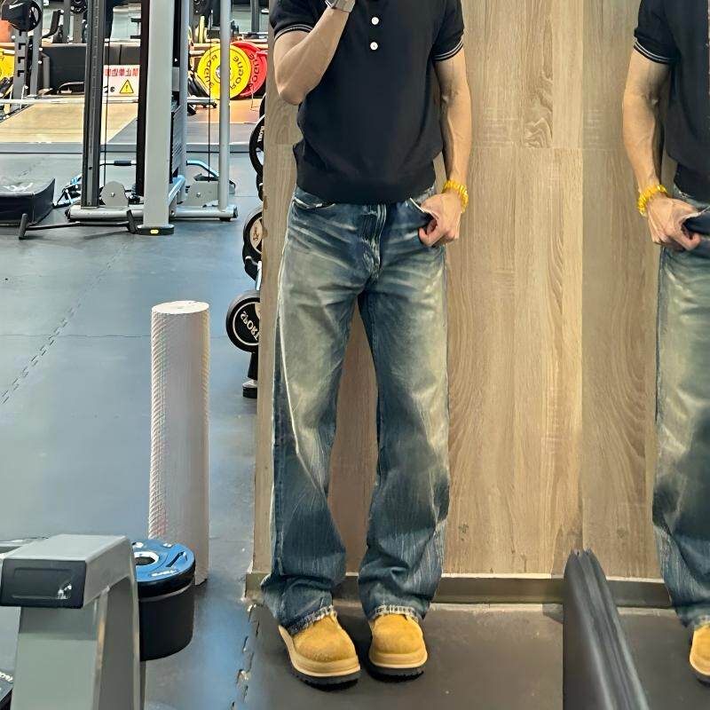美式重水洗做旧阔腿直筒牛仔裤男复古渐变猫须磨白宽松老爹长裤子