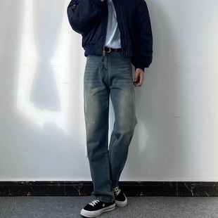 男慵懒风vintage风舒适直筒长裤 美式 水洗牛仔裤 窄版 复古做旧修身
