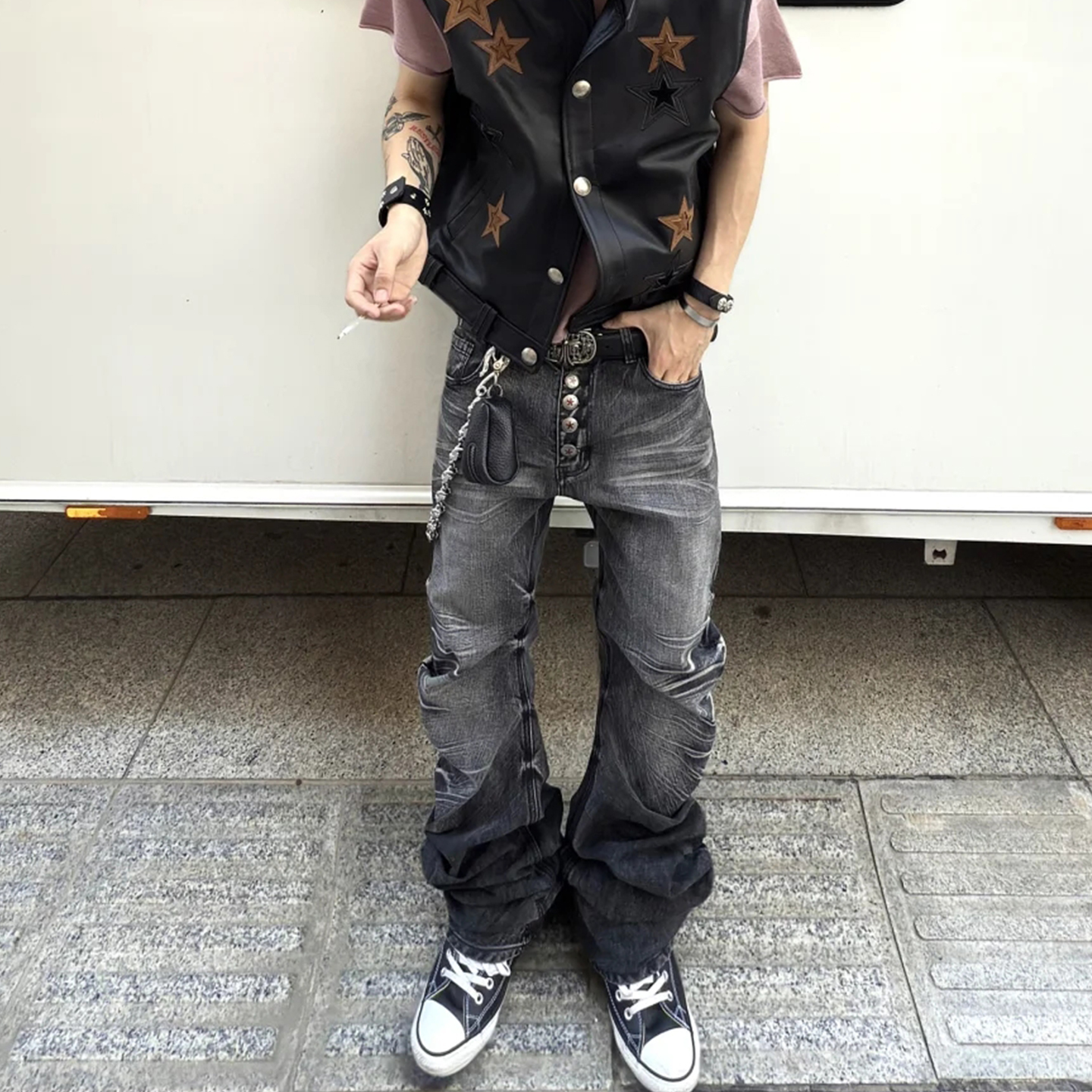 复古高街排扣褶皱设计感牛仔裤子