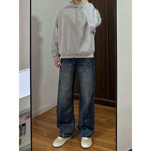 做旧水洗工艺四季 潮流 可穿复古斜纹拼接高街风宽松直筒牛仔长裤