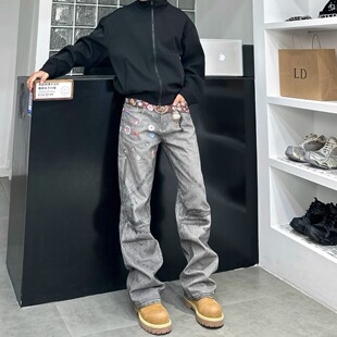 子潮 男cleanfit复古宽松直筒长裤 美式 腰带设计感3D印花百搭牛仔裤