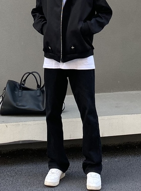 美式复古黑色微喇牛仔裤男女宽松显瘦休闲高街头ins潮堆积感长裤