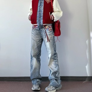 适配复古松弛垂坠感潮男直筒牛仔长裤 美式 高街做旧水洗工艺四季