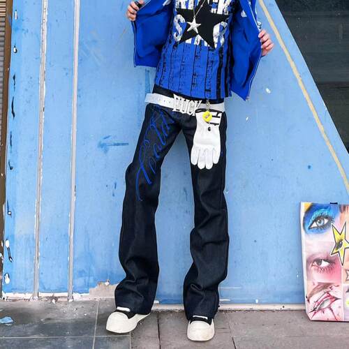 美式高街字母刺绣牛仔裤男