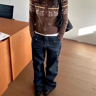 装 深色原牛工艺金属铆钉装 休闲裤 高街风工装 饰宽松阔腿牛仔长裤