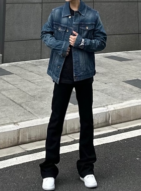 美式风裤子高街潮牌黑色微喇叭牛仔裤男款修身显瘦直筒长裤春秋潮