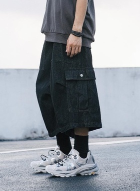 夏季高街复古黑色vibe潮牌阔腿七分裤男重工水洗宽松休闲牛仔短裤