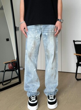 美式做脏直筒修身牛仔裤泼墨涂鸦春秋裤子男vibe风小众裤子长裤子