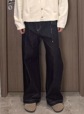 日常复古休闲原牛黑色cleanfit风百搭牛仔裤男宽松阔腿垂感长裤子