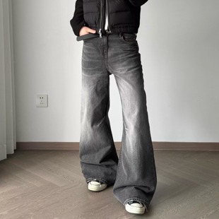 适配黑灰阔腿垂坠感潮男牛仔长裤 美式 高街做旧渐变水洗工艺四季