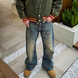 子 阔腿长裤 慵懒街头水洗复古不规则猫须纹理牛仔裤 男休闲宽松修身
