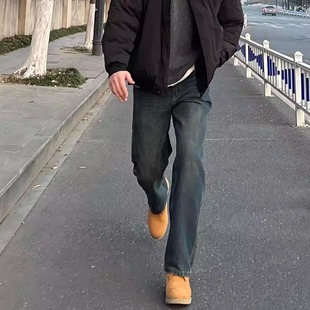 适配垂坠感潮男阔腿牛仔长裤 长做旧水洗工艺四季 高街加长裤 美式