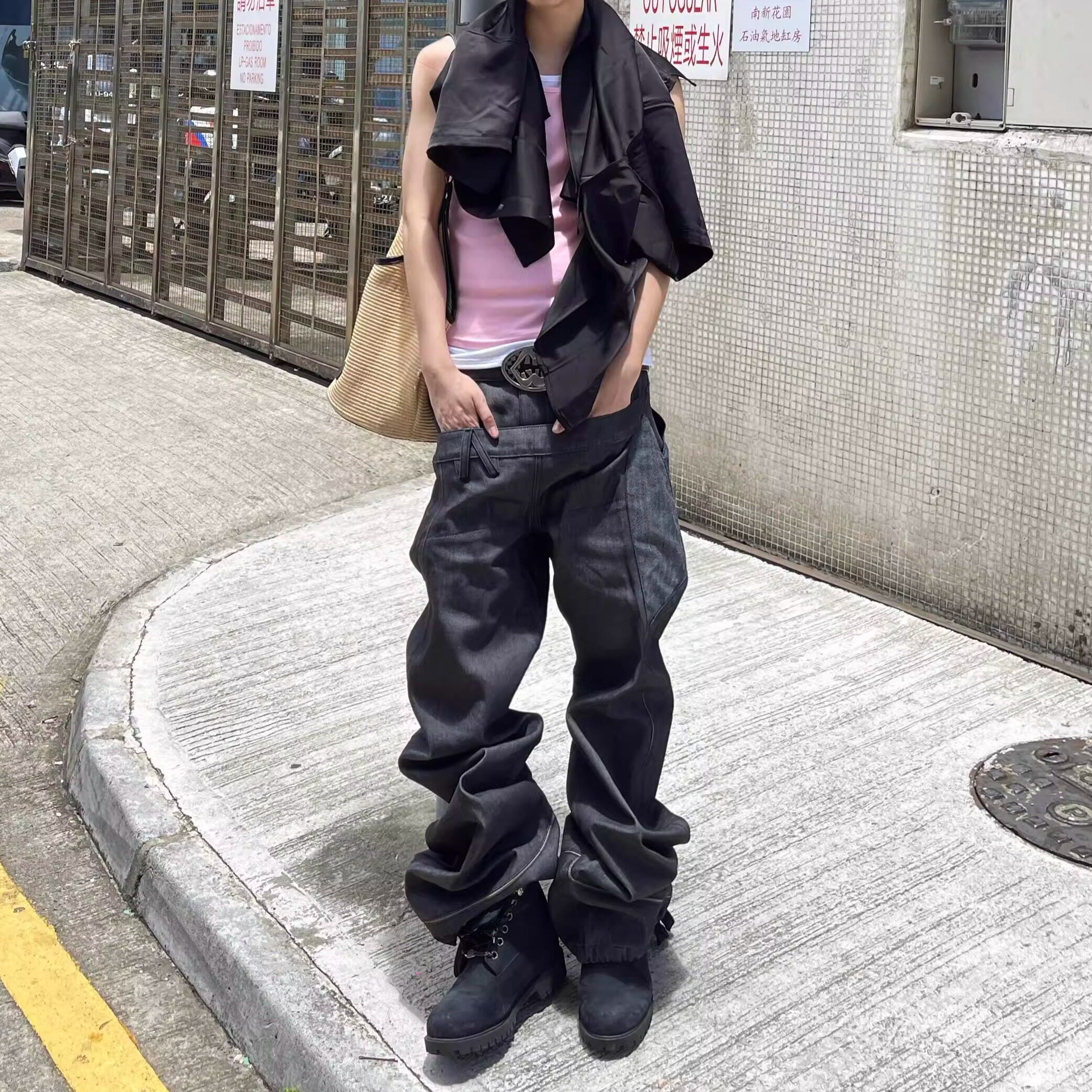 美式高街原牛双腰头设计感弯刀牛仔裤男小众拼接假两件垂感长裤子,男装,牛仔裤,淘宝优惠券,粉丝福利购,淘宝优惠卷