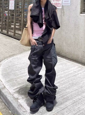 美式高街原牛双腰头设计感弯刀牛仔裤男小众拼接假两件垂感长裤子