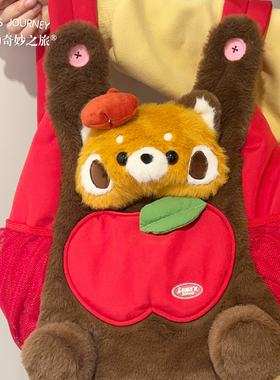 露娜的奇妙之旅可爱小熊猫举手投降双肩背包包女毛绒玩偶红色书包