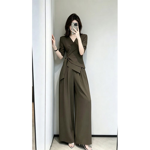 爆款高级感大码夏季新款时尚套装女胖mm绑带上衣阔腿裤两件套2590