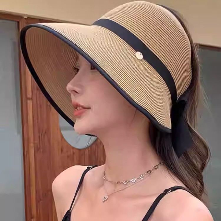 夏季大檐可折叠草帽女2025新款防紫外线出游时尚百搭遮脸空顶帽子