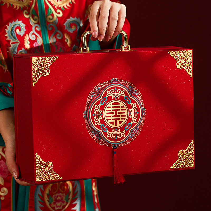 中式礼金箱订婚礼金盒聘礼盒提亲现金礼盒五金礼金箱彩礼盒子大号